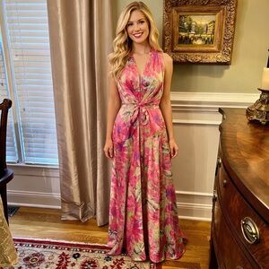 NWT Luxxel Silky Satin Floral Print Maxi Dress Size LARGE